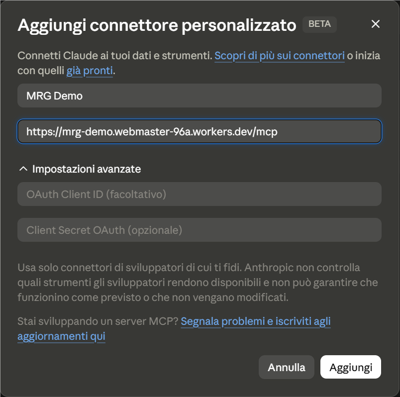 Finestra «Aggiungi connettore personalizzato» con nome MRG Demo e URL della demo compilati